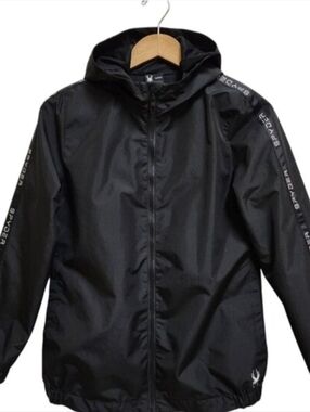 Spyder Jacket Women Sz S Black Hooded Full Zip White Logo Tape Lined Windbreaker